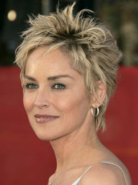 Sharon Stone pixie hairstyle with highlights